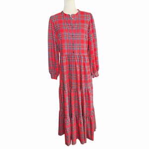 Boden Alba Check Tie Waist Long Sleeve Maxi Dress 10 R Red Plaid Cabincore NWT